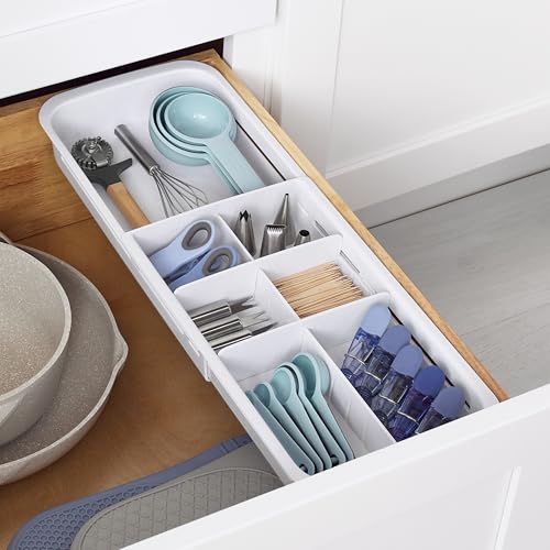 DrawerFit Sliding Drawer Tray with Adjustable Dividers, Expandable Kitchen Storage Organizer, Speckled White