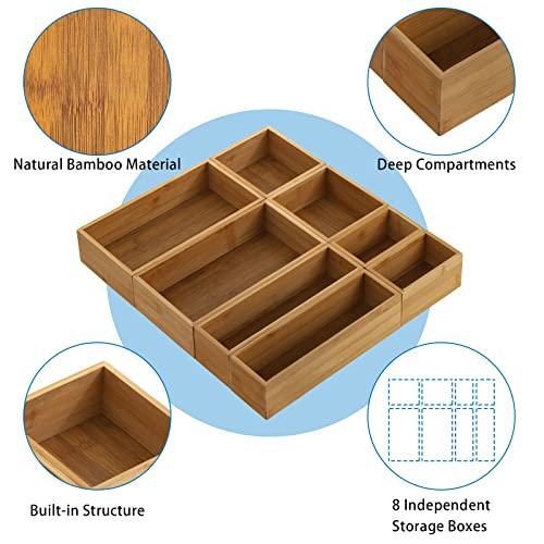 8 Pieces Bamboo Drawer Organizer Boxes, Stackable Drawer Organizer Storage Tray 4-Size, Versatile Dividers Cutlery Holders Bins Containers for Kitchen, Bathroom, Office Desk, Makeup, Jewelry - view 3