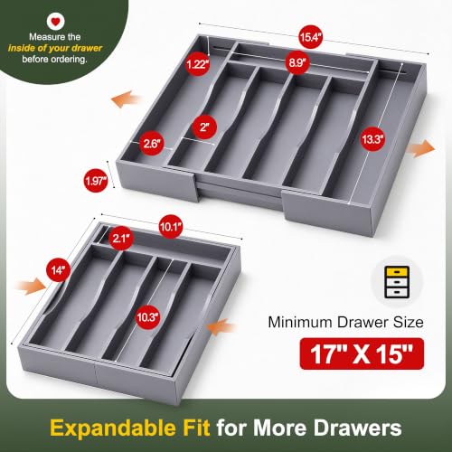 Kitchen Silverware Drawer Organizer and Storage Bamboo Wood Cooking Utensil Holder Cutlery Knife Jewelry Spice Rack Spoon Fork Multi Cabinet Organization Bathroom Counter Expandable Adjustable Tray - view 2