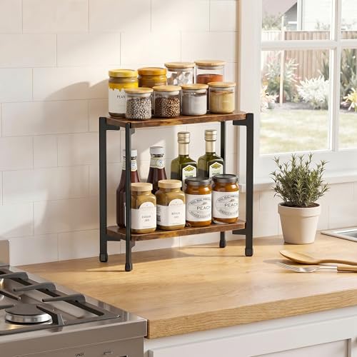 2 Tier Spice Rack Organizer for Kitchen Countertop, Wood and Metal Seasoning Shelf, Space-Saving Spice Organizer for Kitchen Counter, Coffee Bar and Dining Table, Brown - view 5