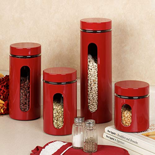 Quality Modern Red Stainless Steel Canister Set for Kitchen Counter with Glass Window & Airtight Lid - Food Storage Containers with Lids Airtight - Pantry Storage and Organization Set - view 3