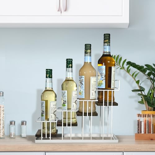 Syrup Bottle Holder Rack, Rustic Wood and White Metal Wire 4 Tier Syrup, Wine, Dressing Bottle Countertop Display Storage Stand for Kitchen Coffee Bar- MK816B - view 2