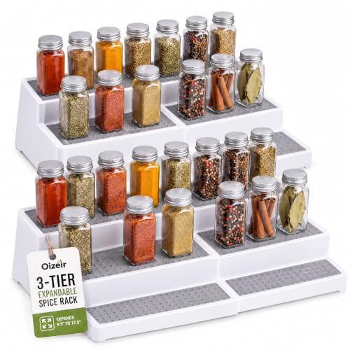 Plastic 3-Tier Expandable Spice Rack, Adjustable Length, Stability with Non-Skid Shelf, For Easy Visibility, Organizer for Kitchen Cabinet, Pantry or Countertop, (2-Pack), White/Grey