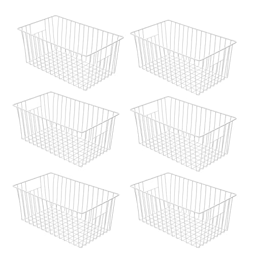 16inch Farmhouse Freezer Wire Baskets Organizer Storage Bins Large Organizer Baskets with Handles for Storage, Office, Kitchen, Pantry, Cabinet, Closets - Set of 6 (White 6)
