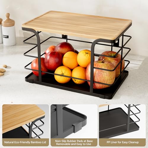 2 Pack Potato and Onion Storage Bin,Stackable Pantry Organizers and Storage with PP Liner and Bamboo Top,Kitchen Storage Organization Counter Basket for Fruits,Produce,Vegetable, Black - view 6