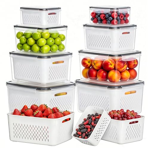 8 Pack Fruit Storage Containers for Fridge, Produce Containers for Fridge with Colander, Leakproof Fridge Organizers and Storage for Berry Vegetable Salad Lettuce Meat Food