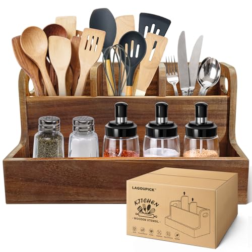 Kitchen Utensil Holder for Countertop with 4 Compartments Acacia Large Utensil Holder Wooden Storage for Cooking,Baking,Flatware Tool Kitchen Utensil Organizer