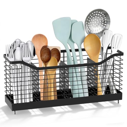 Metal Extra Large Utensil Holder for Kitchen Counter, 4-Compartment Utensil Drying Rack Cooking Utensil Holder Organizer Cutlery Spatula Fork Drainage Storage for Countertop Sink,15.8" x 4.4" x 7.4"