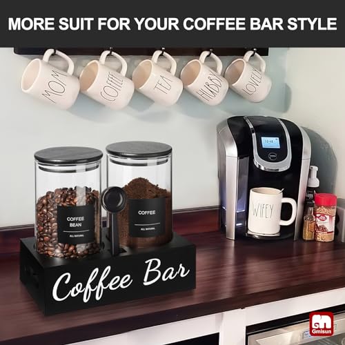 Coffee Container, 2 Pcs 50 Fl oz Airtight Bean Storage Canister, Black Glass Ground Coffee and Sugar Jar Set with Scoop/Shelf/Labels, Sugar/Tea Holder Containers for Cafe Bar Countertop - view 4