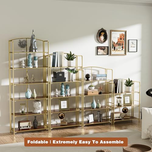 4-Tier Wider Foldable Bookshelf, Gold Frame & Walnut Shelves - view 6