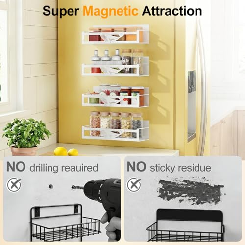 Magnetic Spice Rack for Refrigerator, 4-Pack Metal Seasoning Organizer for Kitchen Storage Organization, Space Saving Magnetic Shelf for Fridge, Pantry, Laundry Room, White - view 7
