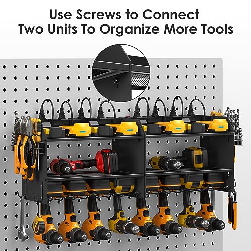 Modular Power Tool Organizer Wall Mount Charging Station, Black 6 Drills Holder with 8 Plug Power Strip, Garage Drill Battery Heavy Duty Metal Shelf, Utility Rack with Hooks, Side Storage. - view 7