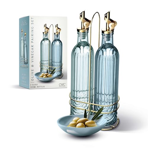 Glass Olive Oil Bottle Dispenser - 2 Pack- 17oz Oil and Vinegar Cruet - Olive Oil Carafe Decanter for Kitchen, Elegant Fluted, Blue