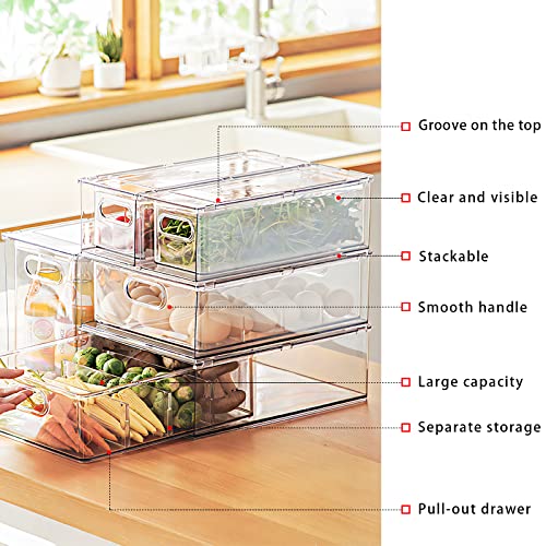 Fridge Drawer Pull Out Stackable Bins with Handle Clear Refrigerator Drawers Organizer Food Storage Container Box with Dividers Plastic Produce Saver for Pantry, Cabinet, Kitchen, Clothes（4Pack） - view 5