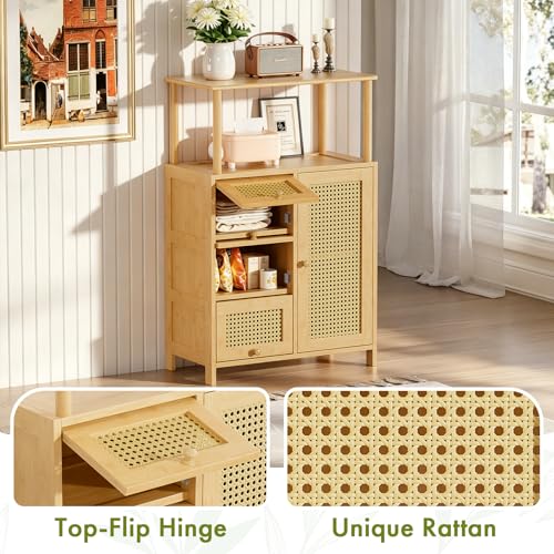 Sideboard Buffet Cabinet with Storage, Bamboo Storage Cabinets, Rattan Sideboard with Adjustable Shelf, Pantry Cupboard for Kitchen Living Room Entry Coffee Bar, Natural Color - view 4