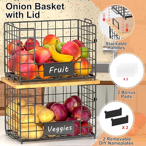 2-Pack Stackable Wire Baskets with 2 Pads & Bamboo Top, Pantry Organizer - view 4