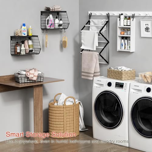 Black Kitchen Wall Hanging Storage Basket Set of 2, Rustic Stackable Kitchen Counter Fruit Organizer, Wire Baskets Container for Veggie, Garlic, Produce, Onion and Potato (Black Shelf) - view 5