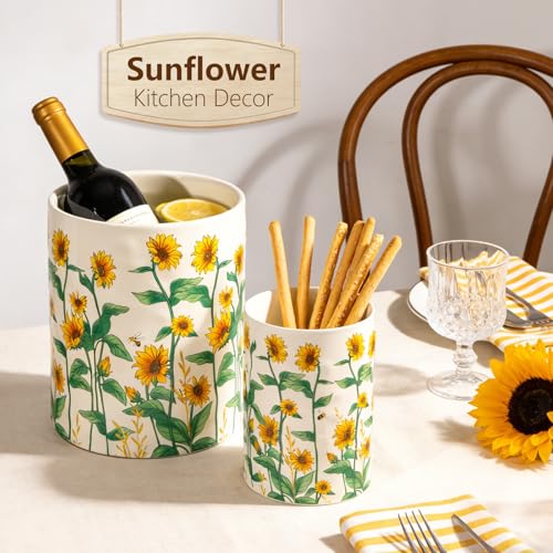 Sunflower Utensil Holder, 7.1"+5.4" Ceramic Utensil Holder for Kitchen Counter, Cooking Utensil Crocks for Countertop, Utensil Storage Container Organizer for Spoon, Sunflower Farmhouse Kitchen Decor - view 7