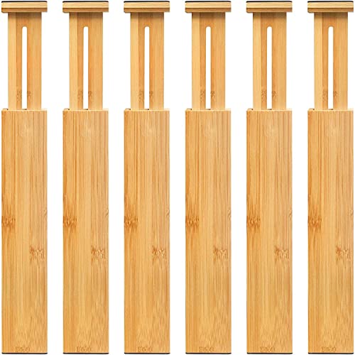 6-Pack Adjustable Bamboo Drawer Dividers, Expandable Drawer Organizer for Kitchen Utensils, Clothes, Bathroom, Office – Fits Drawer Interiors 16.6" to 21.8"