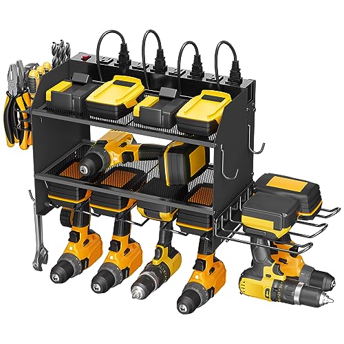 Modular Power Tool Organizer Wall Mount Charging Station, Black 6 Drills Holder with 8 Plug Power Strip, Garage Drill Battery Heavy Duty Metal Shelf, Utility Rack with Hooks, Side Storage.