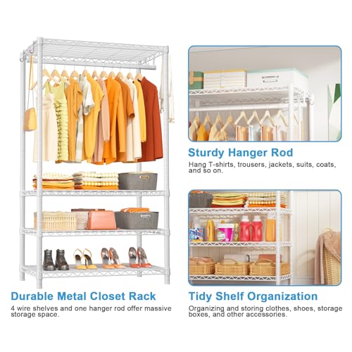 H4 Portable Closets, 4-Tier Metal Clothes Garment Rack for Bedroom and Cloakroom, Clothing Closet Storage and Organizer Wardrobe, 35.4" W x 14" D x 76.4" H, White - view 6