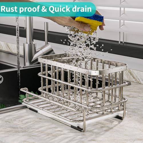 Kitchen Sink Organizer, SUS304 Stainless Steel Rustproof Multifunctional Large Sink Caddy with Sponge Holder and Drain Tray for Kitchen Countertop (Silver) - view 3