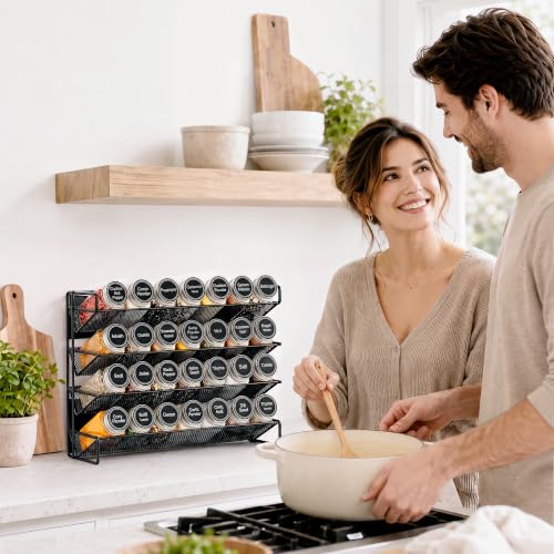 Spice Rack Organizer for Cabinet with 28 Spice Jars, 386 Spice Labels, Magnetic Spice Rack for Refrigerator, Seasoning Organizer for Countertop, Kitchen, Pantry, 13.2" W x 9.8" H, Black - view 3