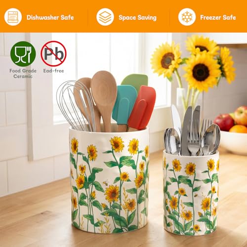 Sunflower Utensil Holder, 7.1"+5.4" Ceramic Utensil Holder for Kitchen Counter, Cooking Utensil Crocks for Countertop, Utensil Storage Container Organizer for Spoon, Sunflower Farmhouse Kitchen Decor - view 3