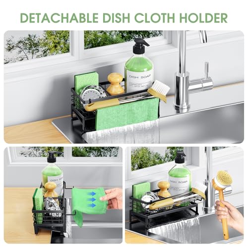 Self-Draining Kitchen Sink Caddy, Rustproof Non-Slip Metal Sponge Holder with Detachable Dish Cloth Holder (Black) - view 6