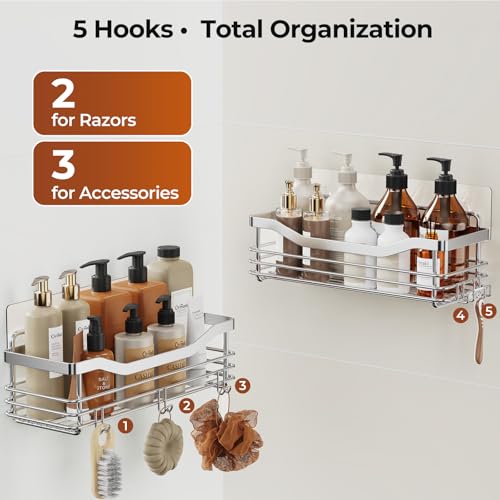 Shower Caddy Basket Shelf Storage Rack Pack of 2, No Drilling Wall Mounted Adhesive Rust Resistant Stainless Steel Shower Organizer with 5 Hooks for Bathroom, Toilet, Kitchen - view 6