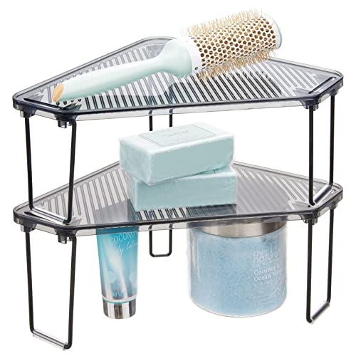 Plastic/Steel Corner Stackable Rack, Storage Organizer Shelf for Bathroom, Vanity, Countertop, Sink, Cabinet, Holds Makeup, Shower Accessories, Ligne Collection - 2 Pack - Black/Smoke Gray