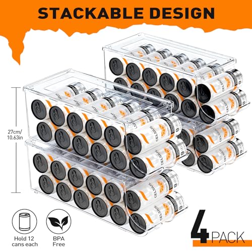 4 Pack Skinny Can Organizer for Refrigerator, Stackable Tall Skinny Soda Pop Can Holder Dispenser with Lid for Fridge Pantry Rack Freezer, Clear Plastic Storage Bins-Holds 12 Slim Cans Each - view 2