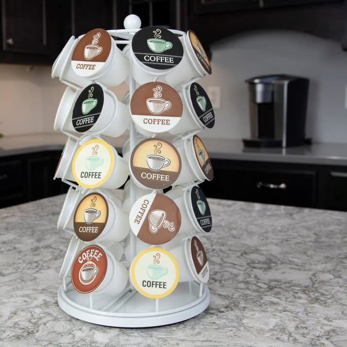 Keurig Coffee Pod Holder Carousel 360 Degree Spinning Organizer for K Cups 13 Inch Tall Compact Counter Storage Solution (35 K Cup Holder | White Black) - view 6