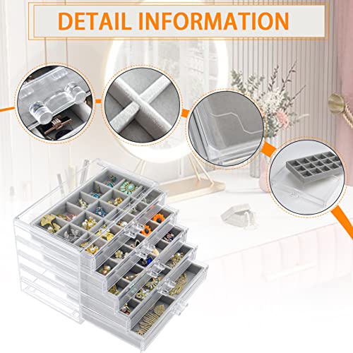 Acrylic Jewelry Box with 5 Drawers, Clear Earring Storage Organizer Display Case for Women Girls, Gray - view 2