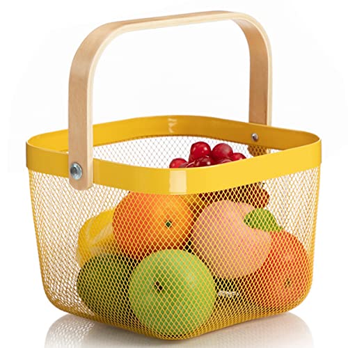 Mesh Steel Storage Organizer Basket Fruit Basket Bin with Wood Handle Ideal for Kitchen Bathroom Picnic Baskets Pantry Cabinets Storage Home Decor (Lemon Yellow) - view 2