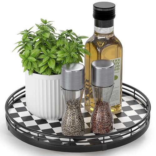 10-Inch Black and White Checkerboard Lazy Susan with Oak Base