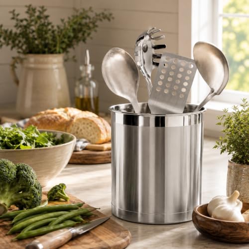 Stainless Steel Jumbo Utensil Holder - 7" Utensil Caddy, Weighted Base for Stability - Extra Large Utensil Crock and Countertop Utensil Organizer, Stainless Steel - view 4