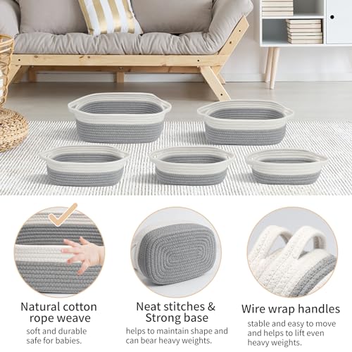 Set of 5 Woven Baskets - Rope Storage Solutions, Nursery & Organizing, Off White & Gray - view 3