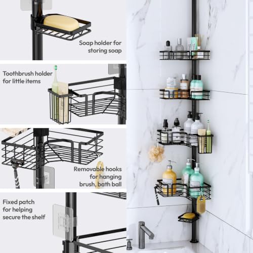 Shower Caddy Tension Pole - 4-Tier Corner Shower Organizer Tension Rod with Soap Holder, Toothbrush Holder & 4 Hooks, Adjustable Stainless Steel Bathroom Organizer 27.6 to 108.3 inch, Black - view 4