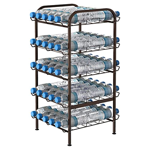 5 Tier Water Bottle Organizer Vertical Free Standing Storage Shelf Metal Beverage Rack Dispenser Large Capacity Bottled Water Holder Stand for Kitchen Party Pantry, Bronze
