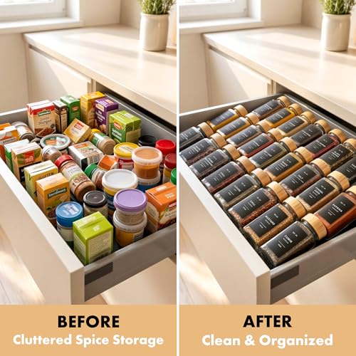 Glass Spice Jars with Label, 36x Bamboo Wooden Lids - Black Labels - view 5
