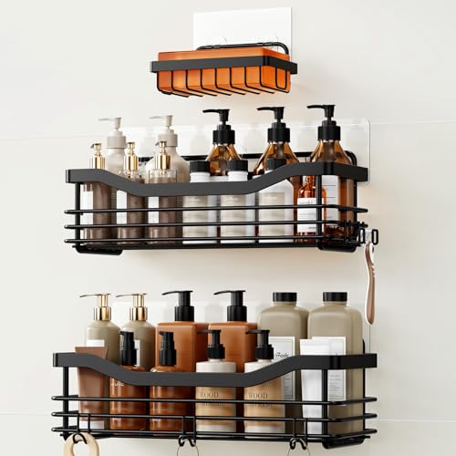Shower Caddy Basket Shelf,3-Pack Adhesive Shower Organizer with Soap Dish Holder, No Drilling Wall Mounted Rustproof Stainless Steel Shower Shelves with 7 Hooks,for Bathroom