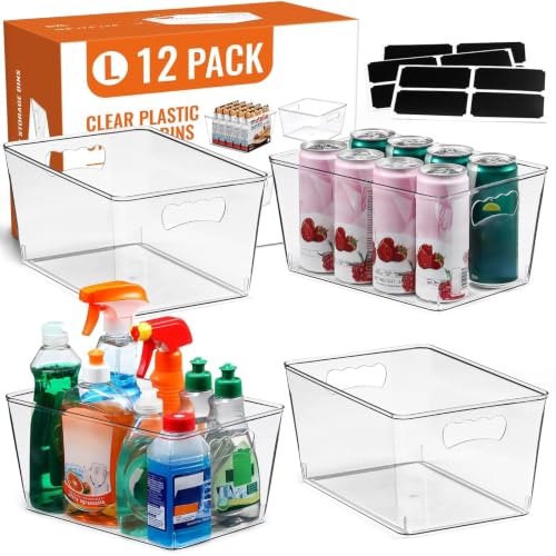12 Pack LARGE Multi-Use Clear Storage Bins, Pantry Kitchen Organizer Bins
