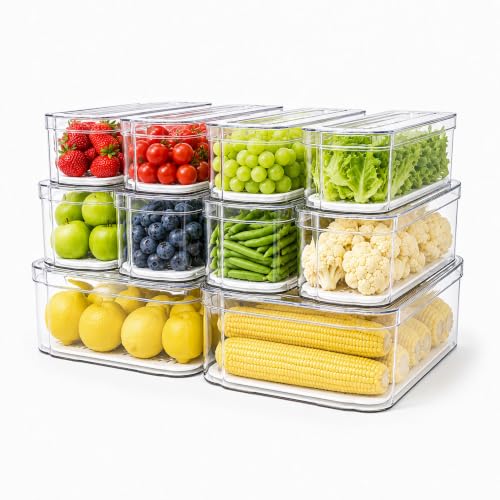 10 Pack Clear Fridge Organizer Bins with Drain Trays - Stackable