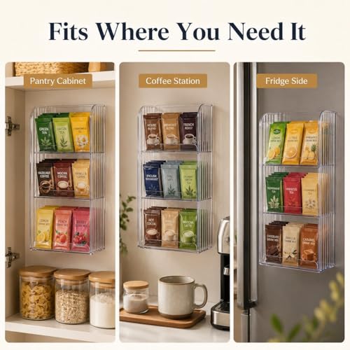 Drink Packet Organizer, 9-Compartment Water Flavor Packet Holder with Removable Dividers, Adjustable Tea Bag and Sugar Packet Storage Bin with Adhesive Stickers for Pantry, Fridge, Cabinet - view 7