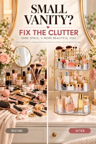 3-Tier Corner Makeup Organizer Countertop, Bathroom Counter Organizer with Removable Brush Holder, Upgraded Shrimmering Vanity Organizer & Shelf for Skincare, Perfume and Bathroom Storage - view 2