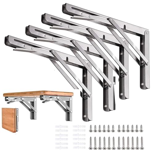 Folding Shelf Brackets 12 inch 4 Pcs Max. Load 220lb - Heavy Duty Stainless Steel DIY Wall Mounted Collapsible Shelf Bracket, Space Saving for Garage Workstation, Stuff Supports, Table, Workbench