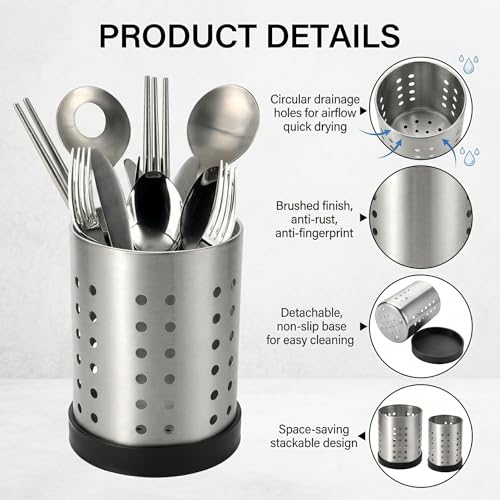 Set of 4 Kitchen Utensil Holder, Stainless Steel Cooking Utensil Organizer Flatware Silverware Holder Drying Rack Cylinder Kitchen Countertop Caddy for Chopstick, Spoon, Fork, Cultery, Straw - view 3