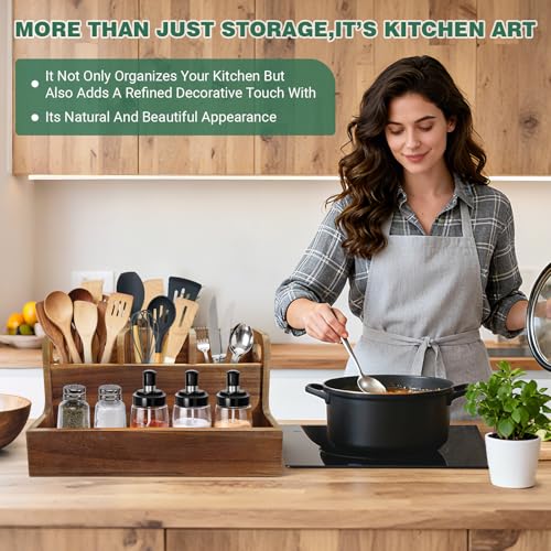 Kitchen Utensil Holder for Countertop with 4 Compartments Acacia Large Utensil Holder Wooden Storage for Cooking,Baking,Flatware Tool Kitchen Utensil Organizer - view 7
