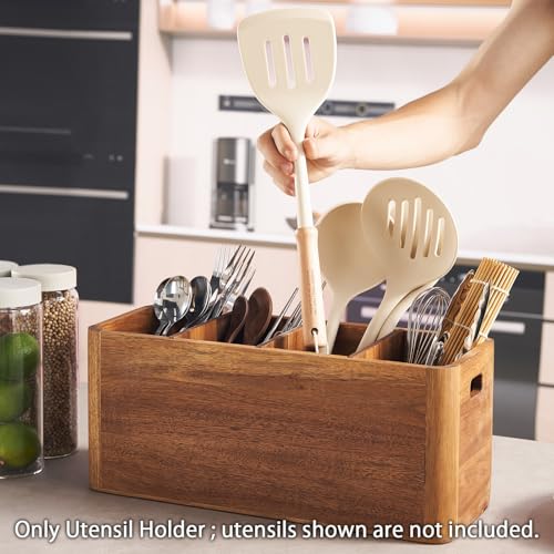 16" Wooden Kitchen Utensil Holder, Extra Large Acacia Wood Organizer for Cooking Tools, Utensils & Cutlery Storage – 4-Compartment Countertop Holder - view 3